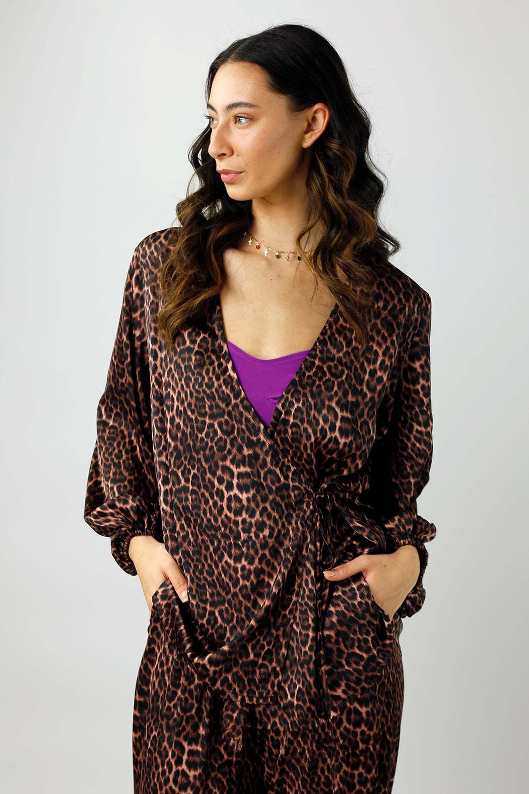 Brown Leopard Silky Wrap Top - Final Sale