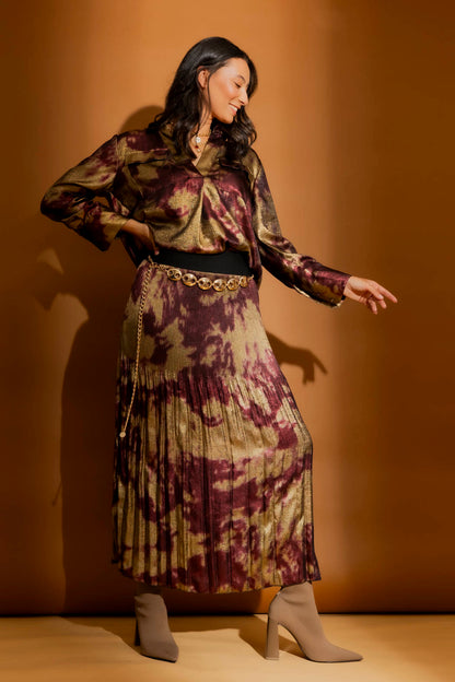 Burgundy/Gold Pleat Maxi Skirt Burgundy/Gold S