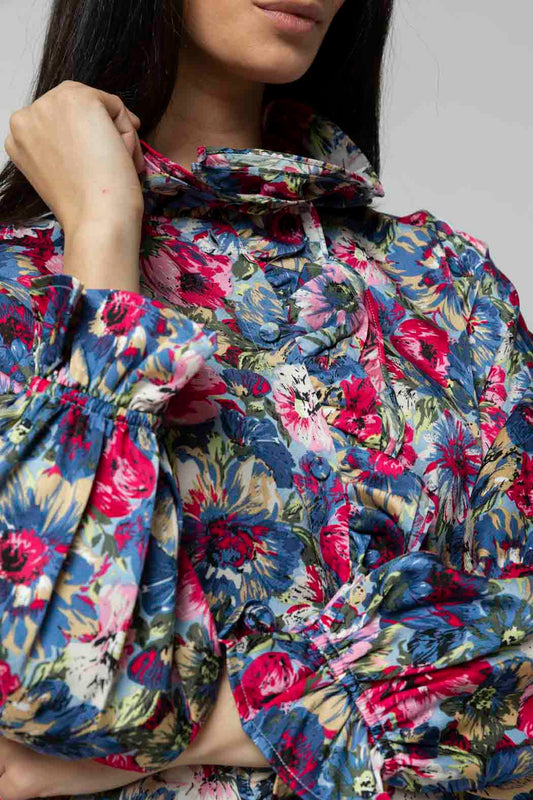 Blue Floral Double Frill Blouse