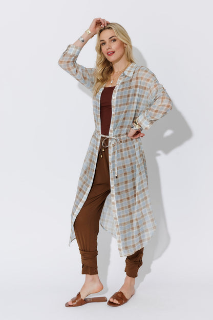 Blue/Tan Long Chiffon Shirt