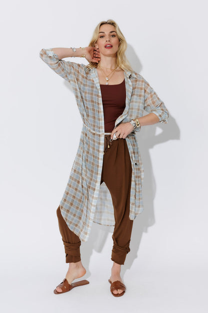 Blue/Tan Long Chiffon Shirt