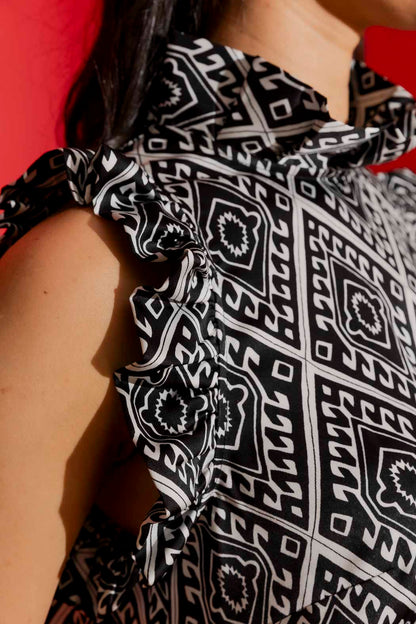 Black/White Silky Ruffle Cami