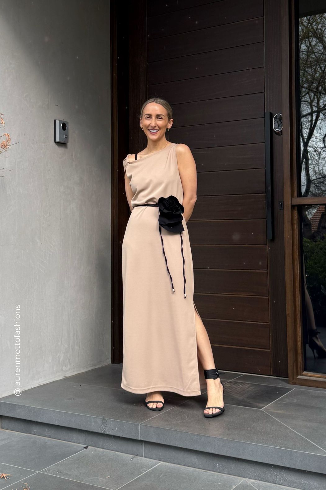 Beige Twist Shoulder Dress