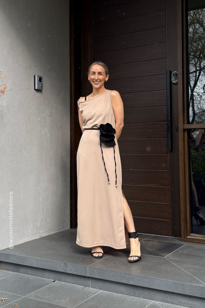 Beige Twist Shoulder Dress