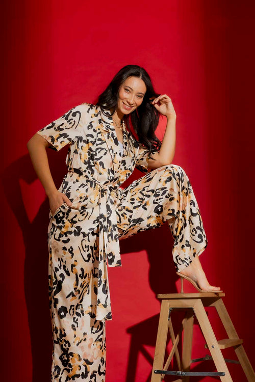 Beige Animal Silky Resort Trench Beige Animal