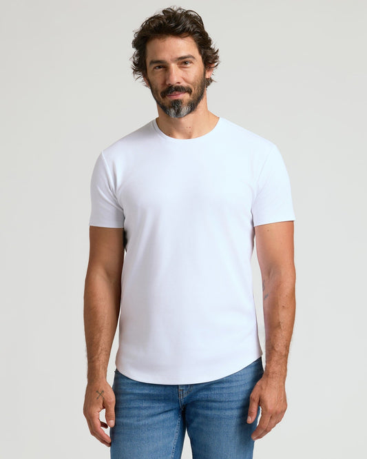 White Pima Cotton Blend Curved Hem Crew
