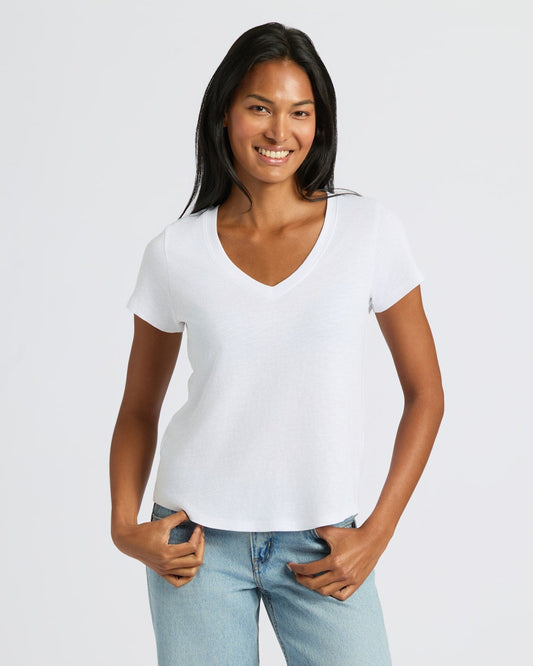 Womens White Relaxed Slub V-Neck Tee
