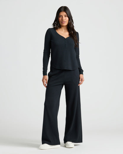 Womens Black Waffle Long Sleeve Henley & Waffle Leg Pant 2-Pack