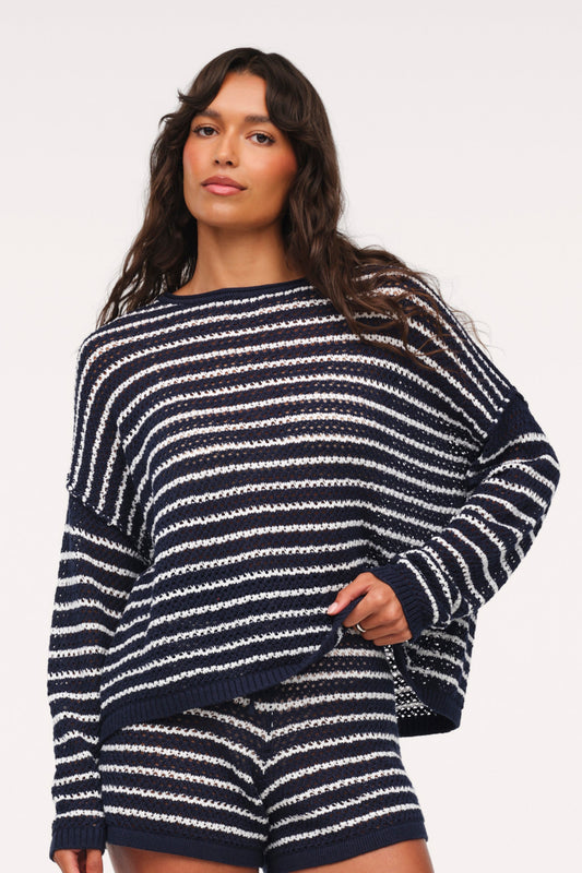 Cotton Crochet Sweater | Navy Stripe