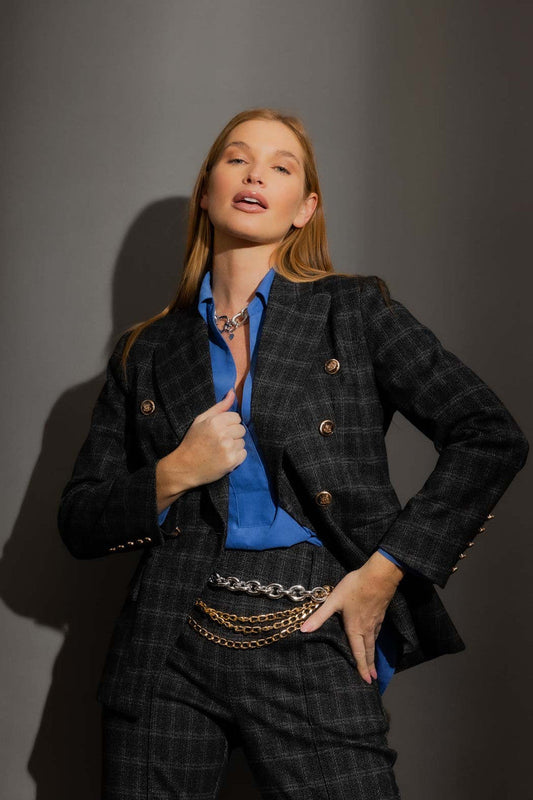 Charcoal Check Sisca Belt Blazer Charcoal Check