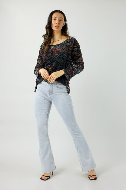 Black Geometric Velvet Raglan Top - FINAL SALE